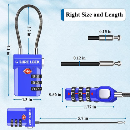 TSA Approved Luggage Locks with Open Alert Indicator, 3 Digit Combination Cable Travel Lock for Suitcase, Backpack, Gym Locker, Toolbox, Carry on & Travel Bag