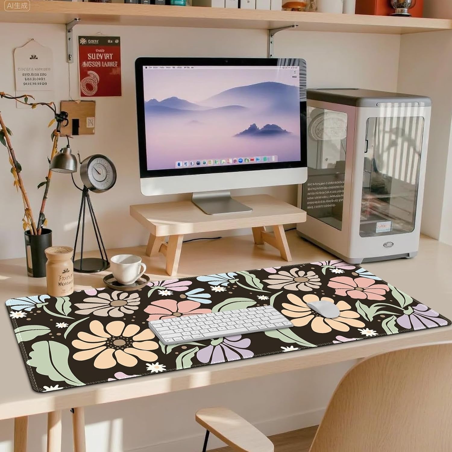 XXL Floral Gaming Mouse Pad - Non-Slip Black Desk Mat with Stitched Edges for Office, Home & School
