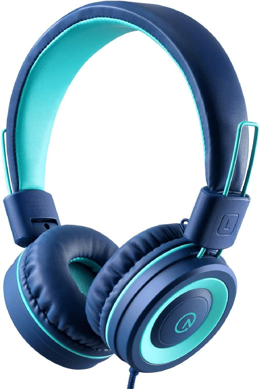 K11 Children's Foldable Stereo Headphones - Tangle-Free Wired On-Ear Headset for School and Travel (Navy/Teal)