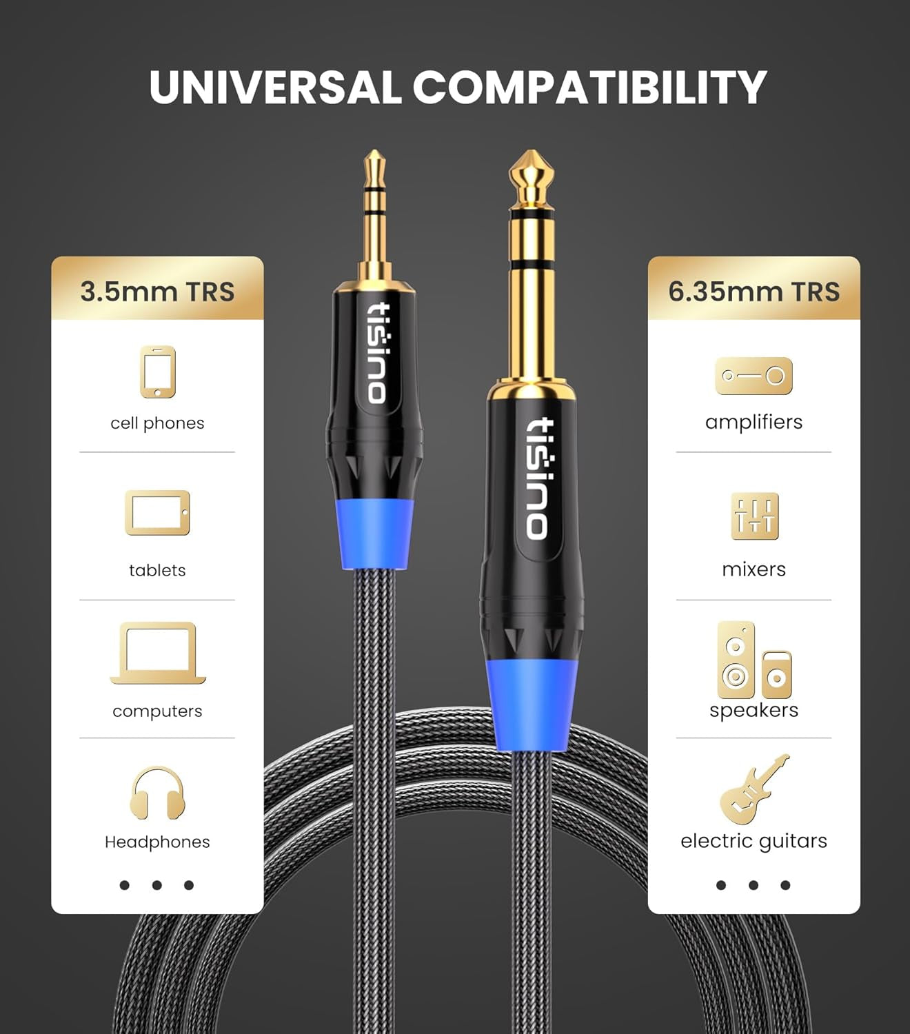 3-Foot Nylon Braided 1/8 to 1/4 Stereo Audio Cable for Guitar, Keyboard, Laptop, Home Theater, Speakers, and Amplifiers