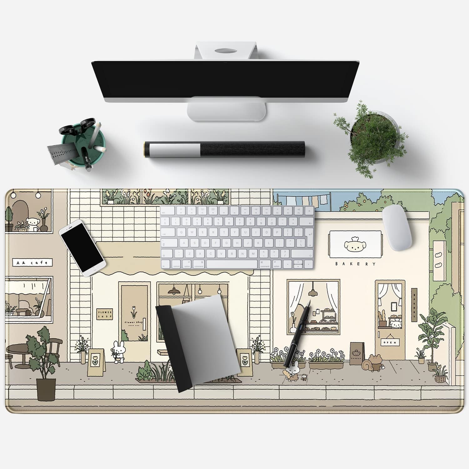 Adorable Kawaii Bunny & Bear Extra Large Desk Mat - Pastel Beige, Brown & Green Anime Mousepad for a Cute Workspace
