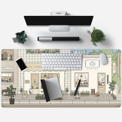 Adorable Kawaii Bunny & Bear Extra Large Desk Mat - Pastel Beige, Brown & Green Anime Mousepad for a Cute Workspace