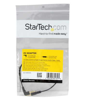 Startech 1-Foot Right Angle 3.5mm Audio Cable - Slim Male to Male Aux Cable in Black