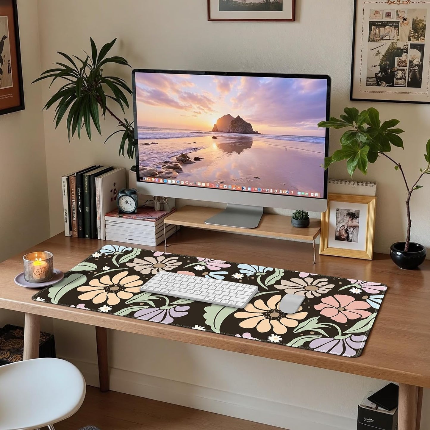XXL Floral Gaming Mouse Pad - Non-Slip Black Desk Mat with Stitched Edges for Office, Home & School