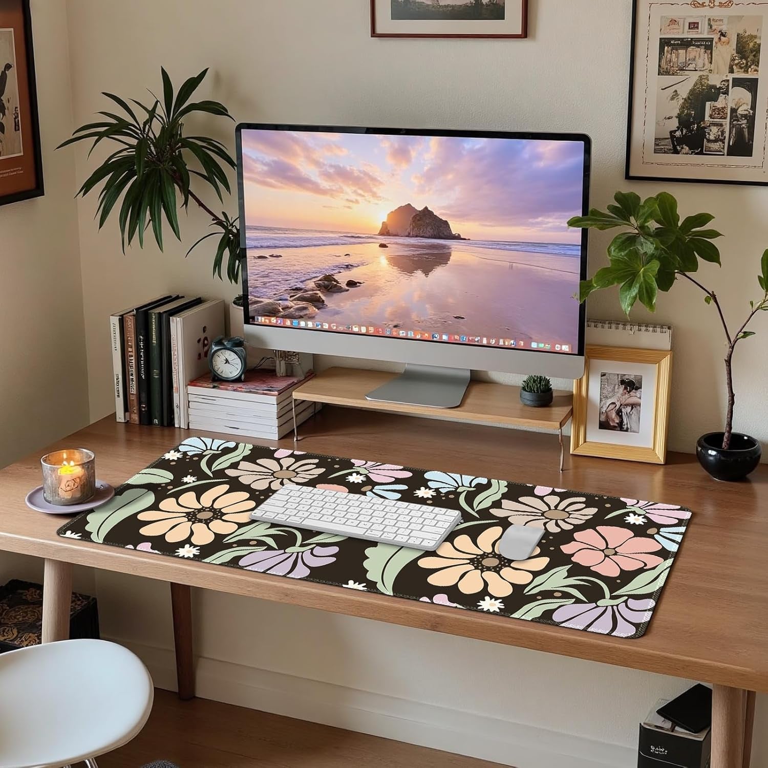 XXL Floral Gaming Mouse Pad - Non-Slip Black Desk Mat with Stitched Edges for Office, Home & School