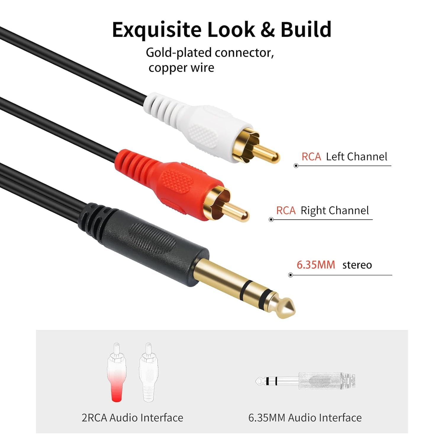 Premium Gold-Plated 6.35mm TRS to Dual RCA Audio Y Splitter Cable - 1.5M Length