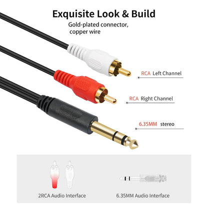 Premium Gold-Plated 6.35mm TRS to Dual RCA Audio Y Splitter Cable - 1.5M Length