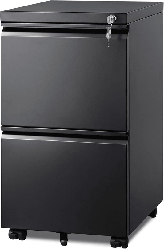 2 Drawer Metal File Cabinet, Fully Assembled, under Desk, Black, Lock, Fits Letter/Legal/A4 Size Files