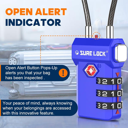 TSA Approved Luggage Locks with Open Alert Indicator, 3 Digit Combination Cable Travel Lock for Suitcase, Backpack, Gym Locker, Toolbox, Carry on & Travel Bag