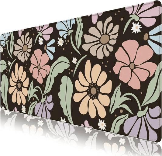 XXL Floral Gaming Mouse Pad - Non-Slip Black Desk Mat with Stitched Edges for Office, Home & School