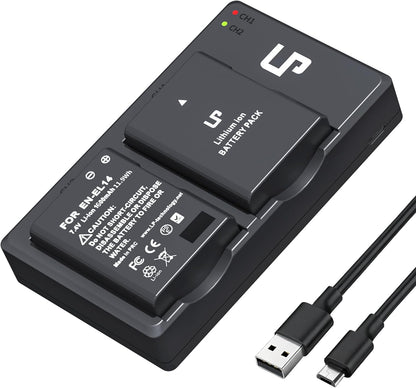 EN-EL14 Dual Slot Battery Charger Pack with 2 x 1600mAh Batteries - Compatible with Nikon D3100 D3200 D3300 D3400 D3500 D5100 D5200 D5300 D5500 D5600 DF P7000 P7100 P7700 P7800