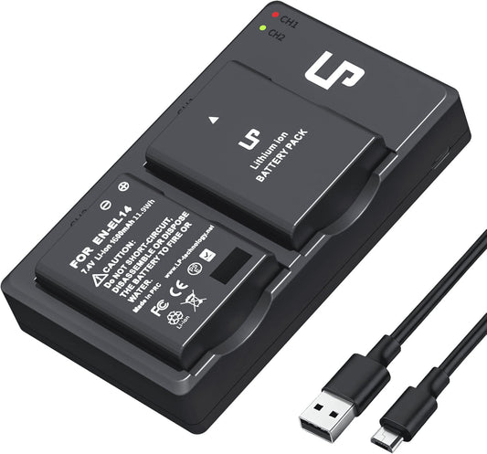 EN-EL14 Dual Slot Battery Charger Pack with 2 x 1600mAh Batteries - Compatible with Nikon D3100 D3200 D3300 D3400 D3500 D5100 D5200 D5300 D5500 D5600 DF P7000 P7100 P7700 P7800
