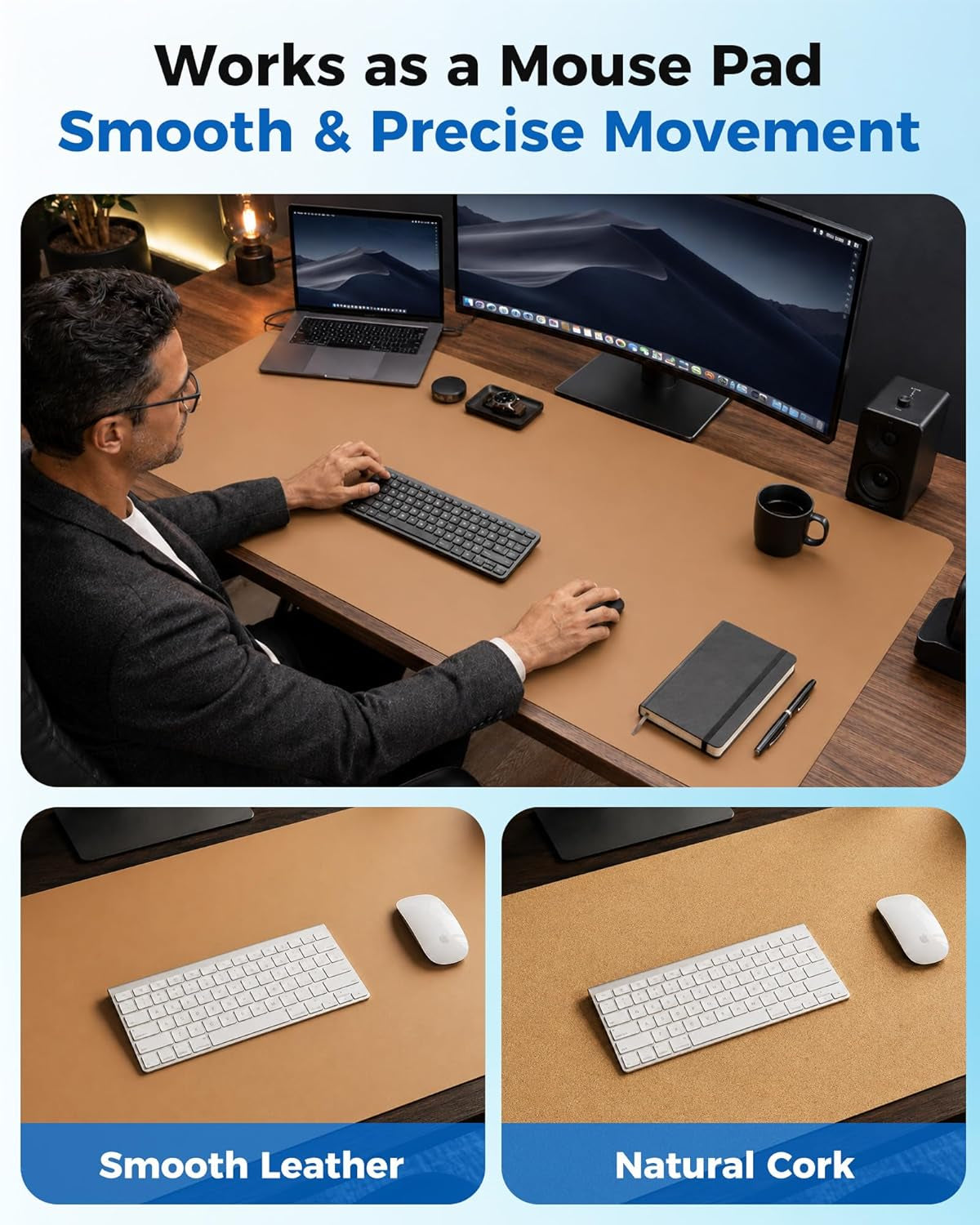 Dual-Sided Leather and Cork Desk Pad - Large Waterproof Mouse Pad and Writing Mat for Home/Office - Apricot (25.6" x 13.7")