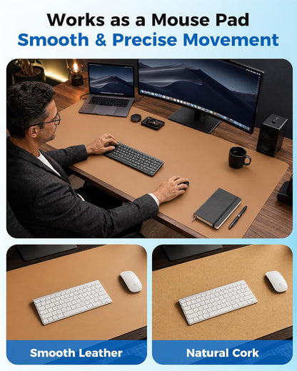 Dual-Sided Leather and Cork Desk Pad - Large Waterproof Mouse Pad and Writing Mat for Home/Office - Apricot (25.6" x 13.7")