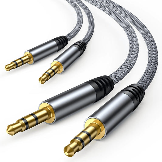Premium 2 Pack AUX Cord - 3.5mm Audio Cable (4Ft/1.2M) with Hi-Fi Sound, Durable Nylon Braided Design for Car, Speakers, Headphones & More (Grey)