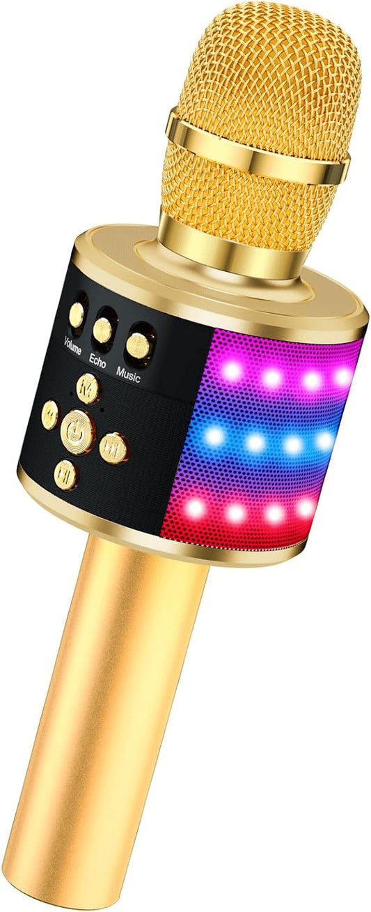 Bluetooth Karaoke Microphone with Disco Lights - Portable Singing Mic for Kids & Adults, Perfect for Parties and Travel (Gold)