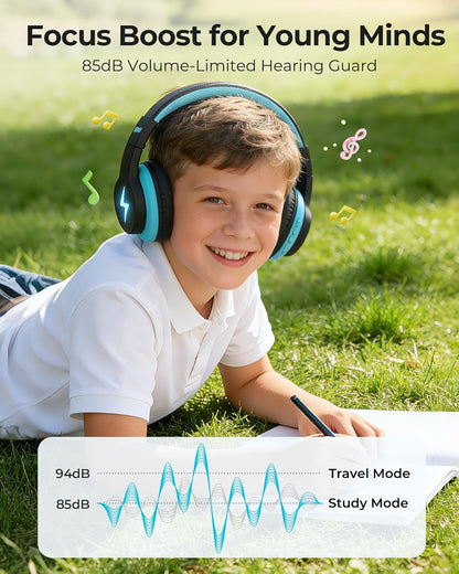 Children's Bluetooth Headphones - Wireless, Volume-Limited, 45 Hours Playtime, Built-In Microphone & Auxiliary Cord - Ideal for School - Black and Blue
