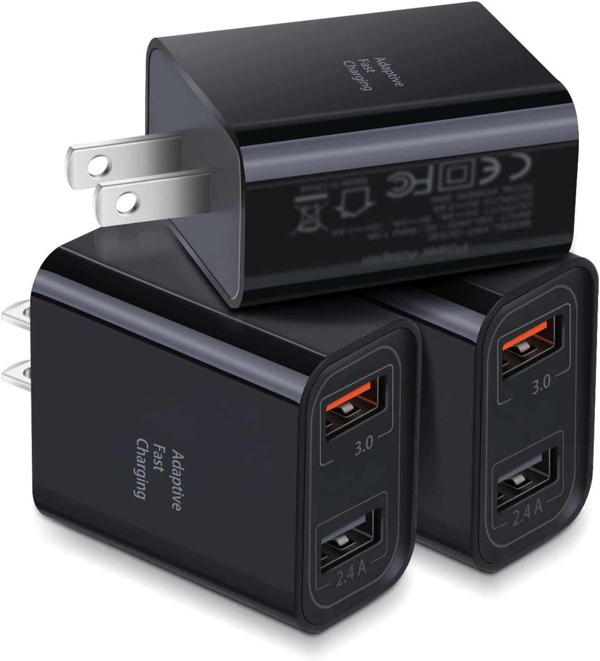 3-Pack Dual USB Wall Charger - 30W Adaptive Fast Charging Block for iPhone 13/12/11, Galaxy S10/S9/Note 9/10, Pixel - Quick Charge 3.0 & 5V 2.4A (Black)