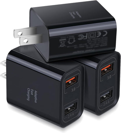 3-Pack Dual USB Wall Charger - 30W Adaptive Fast Charging Block for iPhone 13/12/11, Galaxy S10/S9/Note 9/10, Pixel - Quick Charge 3.0 & 5V 2.4A (Black)