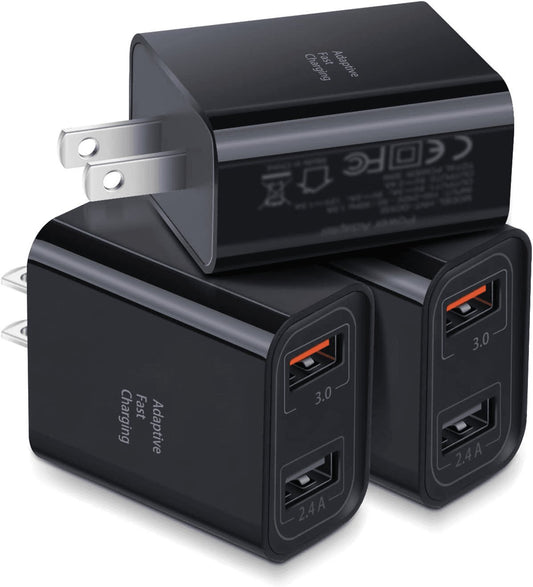 3-Pack Dual USB Wall Charger - 30W Adaptive Fast Charging Block for iPhone 13/12/11, Galaxy S10/S9/Note 9/10, Pixel - Quick Charge 3.0 & 5V 2.4A (Black)