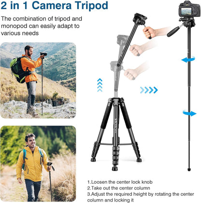 Tripod for Camera and Phone, 72" Tall Camera Tripod Monopod with Remote, Professional Heavy Duty Compact Camera Stand for Iphone, DSLR, Spotting Scope, Telescope, Binocular