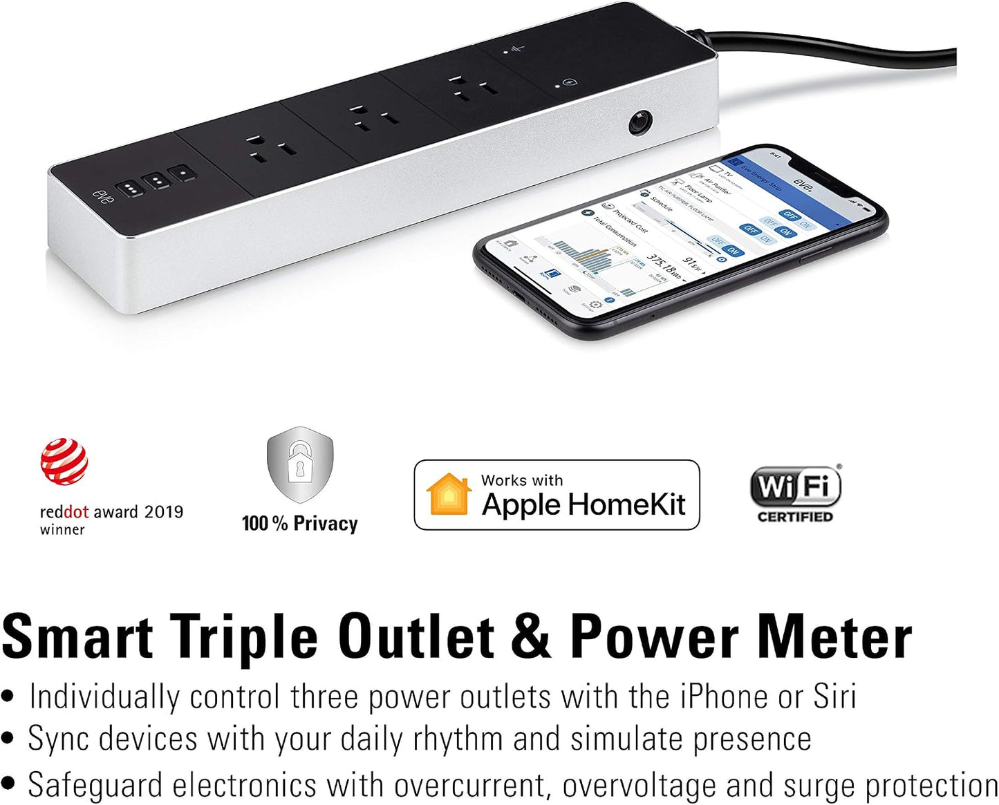 Energy Strip - Smart Triple Outlet & Power Meter for Apple Home, Built-In Schedules & Switches, Surge Protection, Overcurrent Protection, Overvoltage Protection, Energy Metering