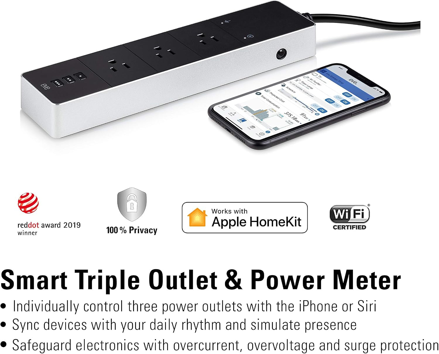 Energy Strip - Smart Triple Outlet & Power Meter for Apple Home, Built-In Schedules & Switches, Surge Protection, Overcurrent Protection, Overvoltage Protection, Energy Metering