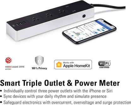 Energy Strip - Smart Triple Outlet & Power Meter for Apple Home, Built-In Schedules & Switches, Surge Protection, Overcurrent Protection, Overvoltage Protection, Energy Metering
