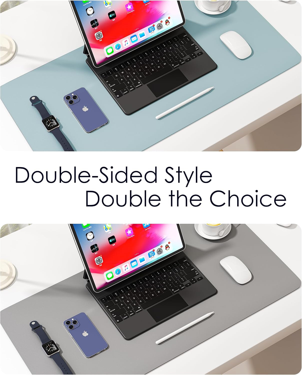 Premium Leather Desk Pad Protector - Stylish Waterproof Mouse Pad & Office Desk Cover (Light Blue/Silver) 23.7"x13.8" - Perfect for Home, Work, and Cubicles