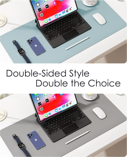 Premium Leather Desk Pad Protector - Stylish Waterproof Mouse Pad & Office Desk Cover (Light Blue/Silver) 23.7"x13.8" - Perfect for Home, Work, and Cubicles