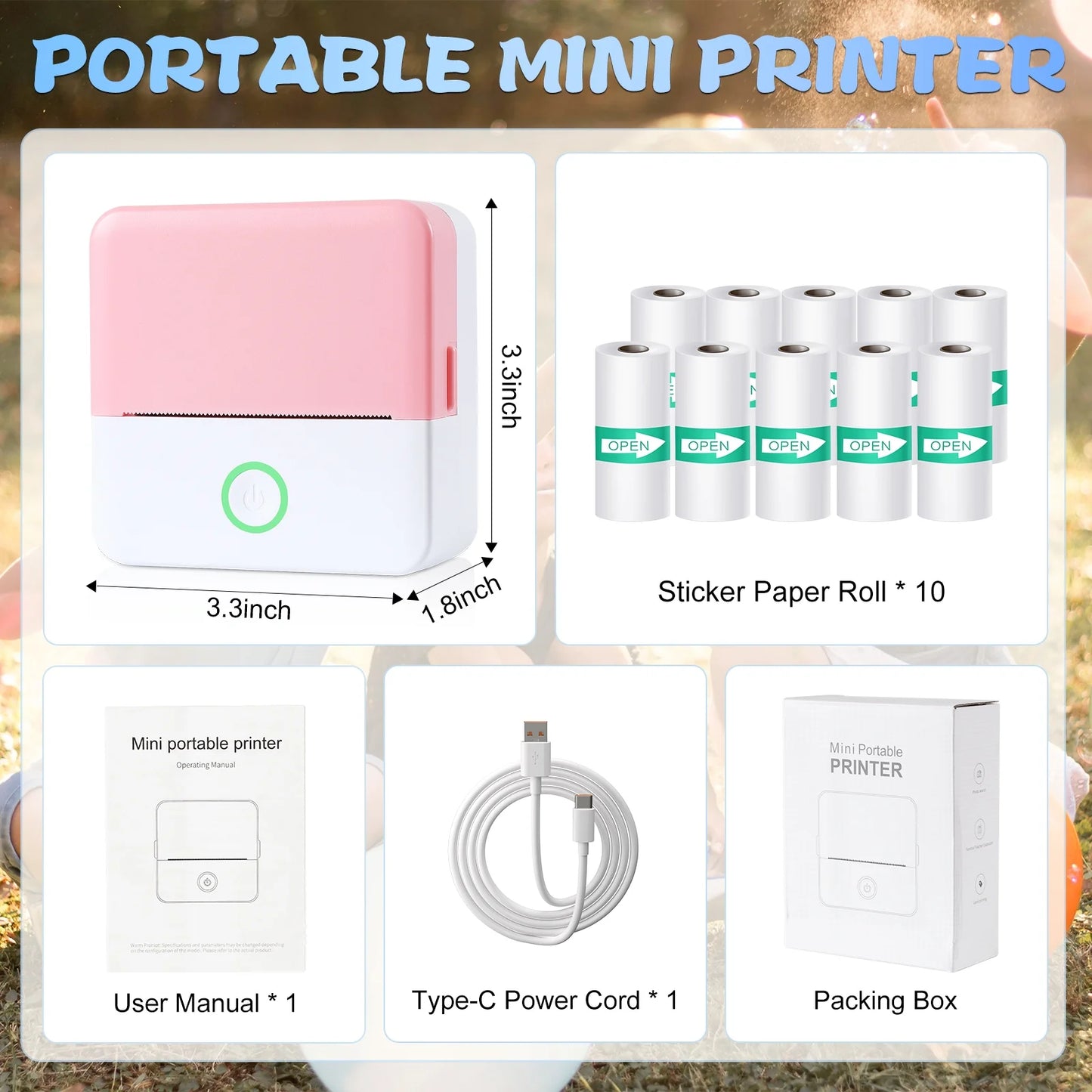 SLOK Print Pods Mini Printer with 10 Rolls Printing Paper, Thermal Inkless Sticker Maker for Notes and DIY, Compatible with Ios & Android, Purple