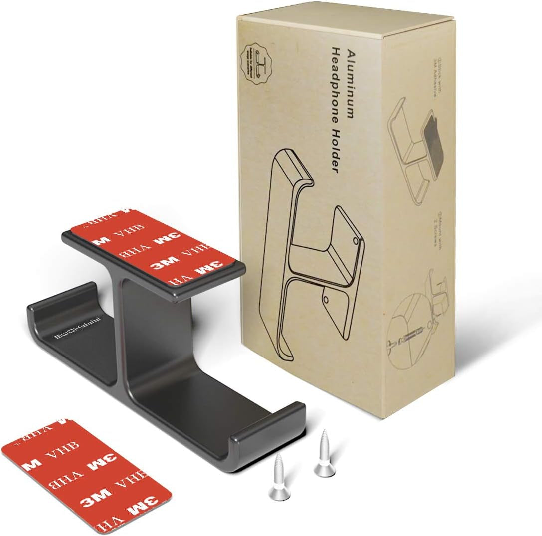 Premium Dual Headphone Hanger Stand - Space-Saving Aluminum Hook for Desk, Versatile Mounting Options for All Headphones, Sleek Black Design