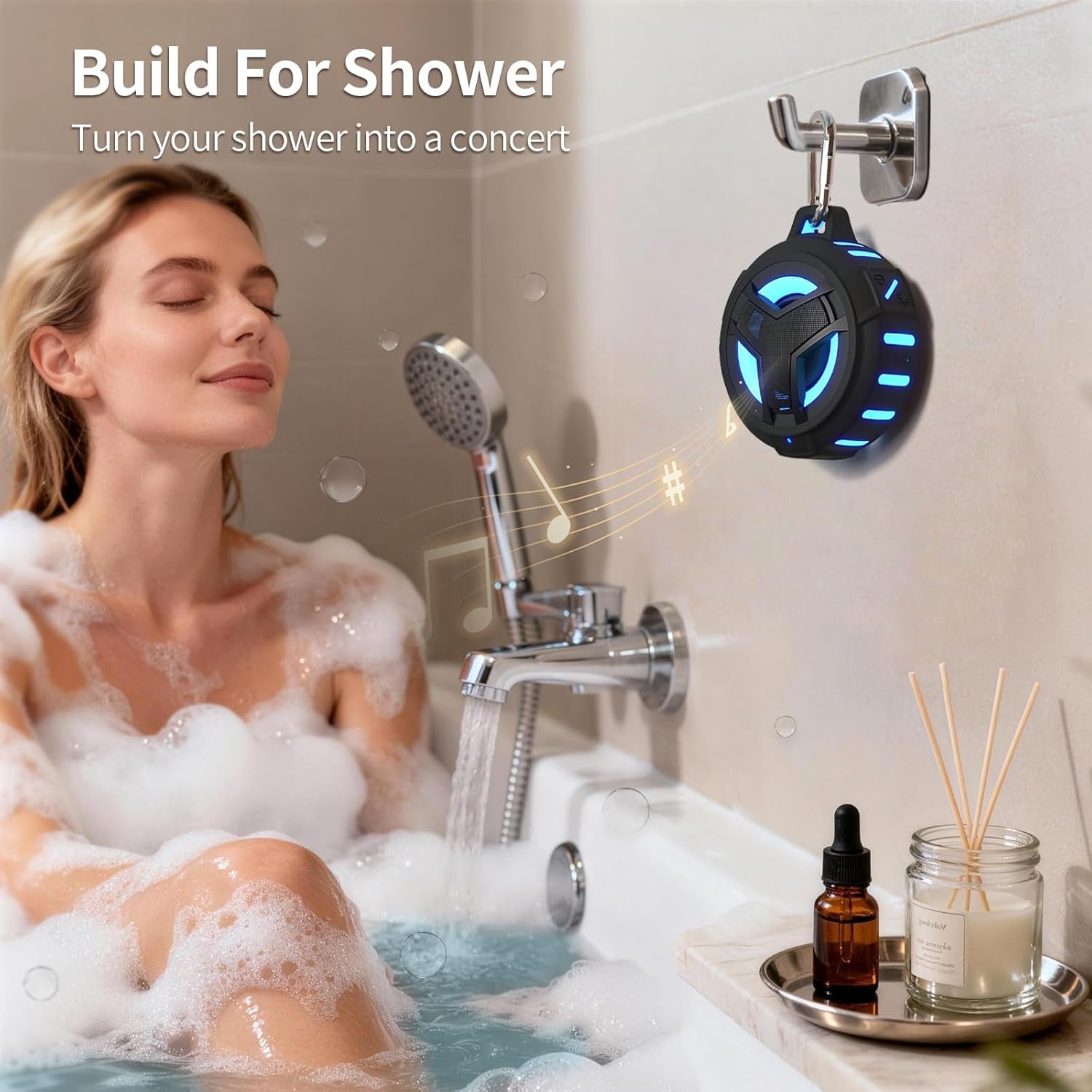Waterproof Bluetooth Shower Speaker - Portable LED Wireless Speaker with True Wireless Stereo and 2000mAh Battery, Floats on Water - Ideal for Kayaking, Beach Activities, and Gift Giving - Black