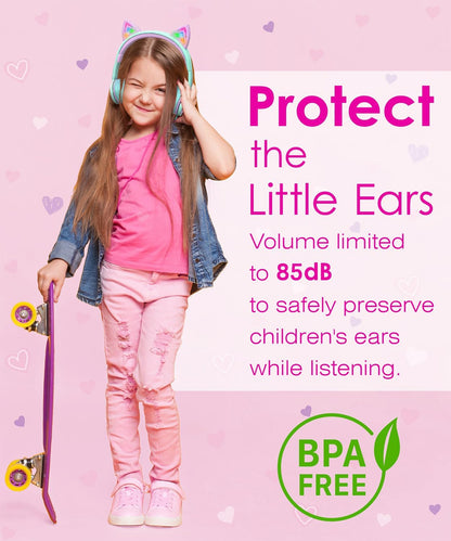Children's LED Cat Ear Headphones - Safe 85dB Volume Limiting, Comfortable On-Ear Design, Tangle-Free Cables for Tablets and Travel - Teal and Light Purple