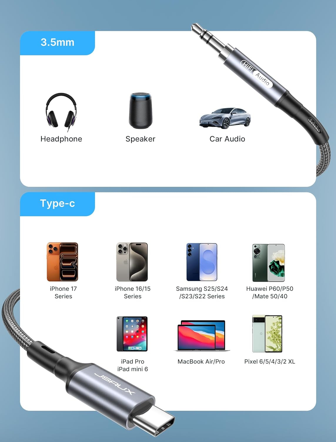 USB C to 3.5mm Audio Aux Cable - 3.3ft Stereo Headphone Cord Compatible with iPhone 17/16/15 Pro Max, Galaxy S24/S23/S22 Ultra, iPad Pro, Pixel 9/8