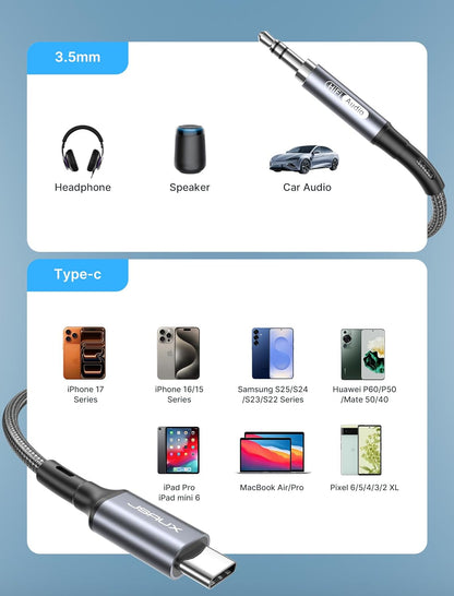 USB C to 3.5mm Audio Aux Cable - 3.3ft Stereo Headphone Cord Compatible with iPhone 17/16/15 Pro Max, Galaxy S24/S23/S22 Ultra, iPad Pro, Pixel 9/8
