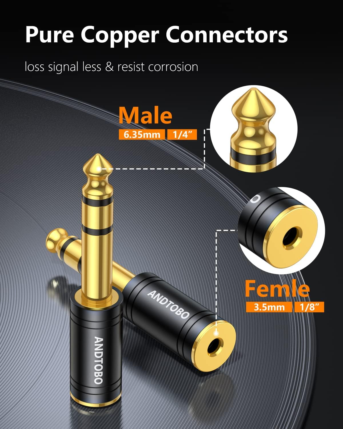 Premium 1/4 Inch Male to 3.5mm Female Stereo Audio Jack Adapter - Pure Copper, 2 Pack - Ideal for Headphones and Amplifiers