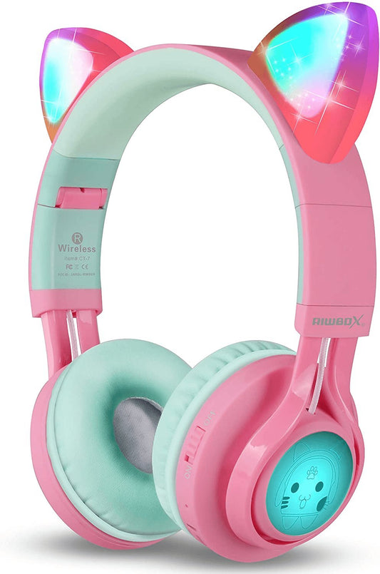 CT-7 Cat Ear Bluetooth Headphones for Kids - LED Light Up, Wireless Over Ear with Microphone & Volume Control - Perfect for Travel, School & Devices (Pink & Green)
