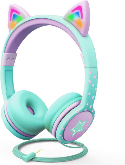 Children's LED Cat Ear Headphones - Safe 85dB Volume Limiting, Comfortable On-Ear Design, Tangle-Free Cables for Tablets and Travel - Teal and Light Purple
