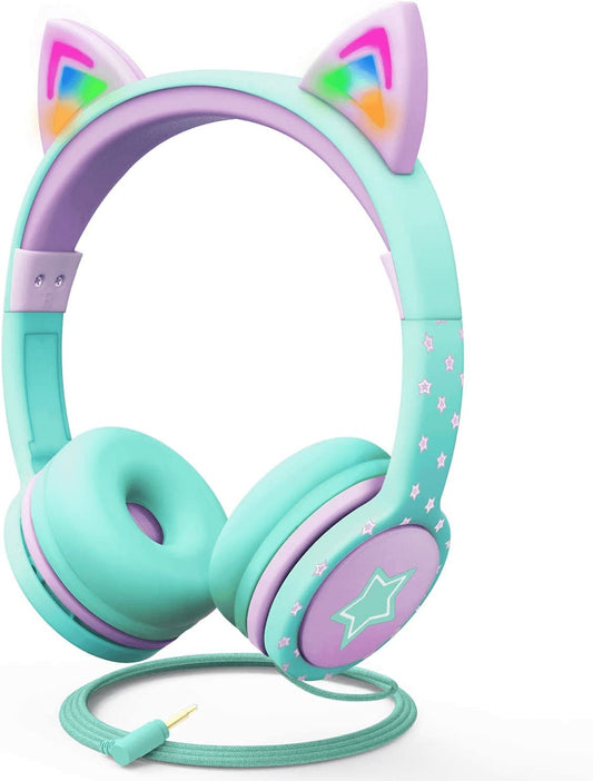 Children's LED Cat Ear Headphones - Safe 85dB Volume Limiting, Comfortable On-Ear Design, Tangle-Free Cables for Tablets and Travel - Teal and Light Purple