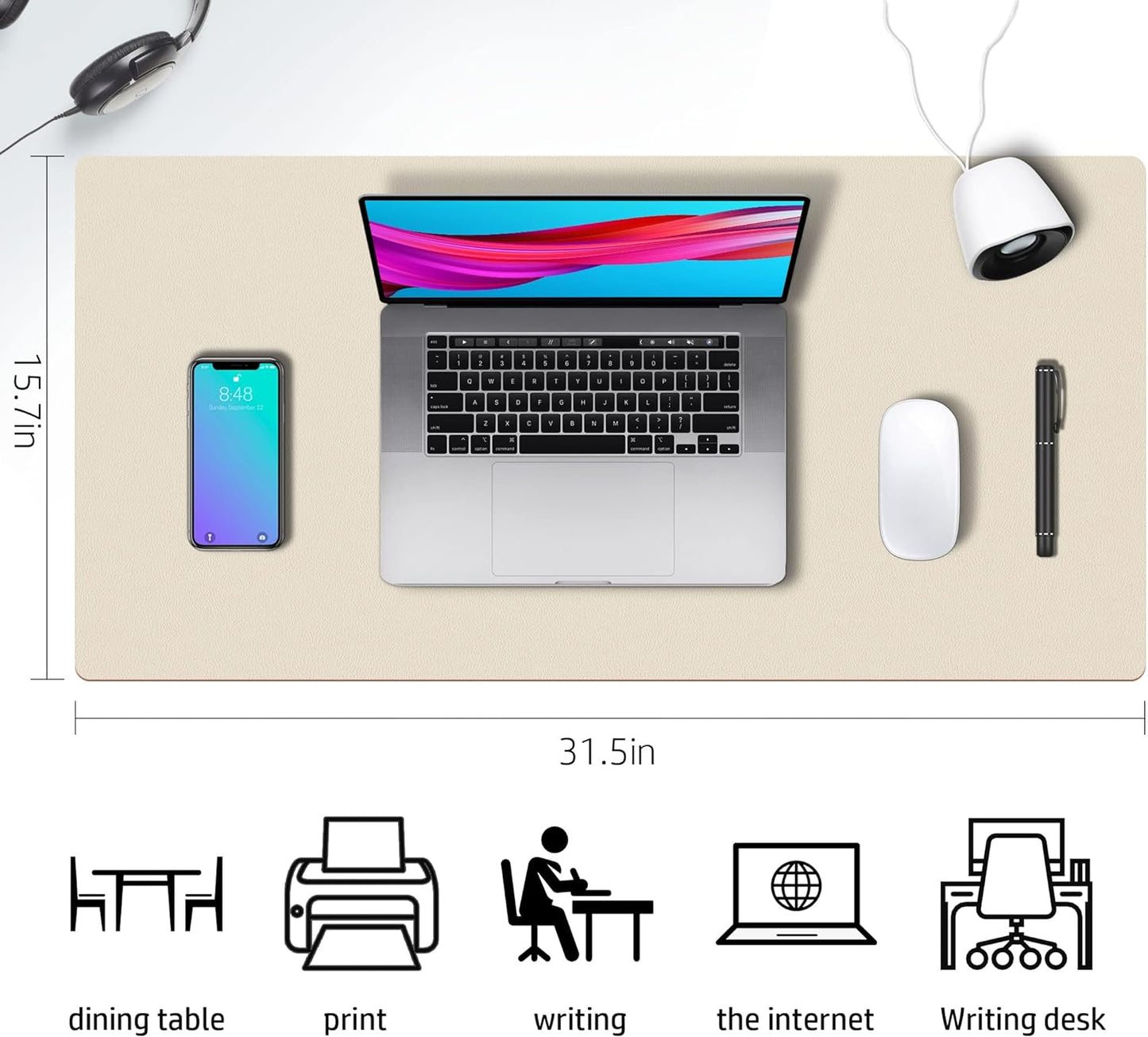 Double-Sided PU Leather Desk Pad - Stylish & Functional Non-Slip Mouse Pad & Desk Mat for Home or Office - Waterproof, Easy to Clean, Durable (31.5" X 15.7", Beige)