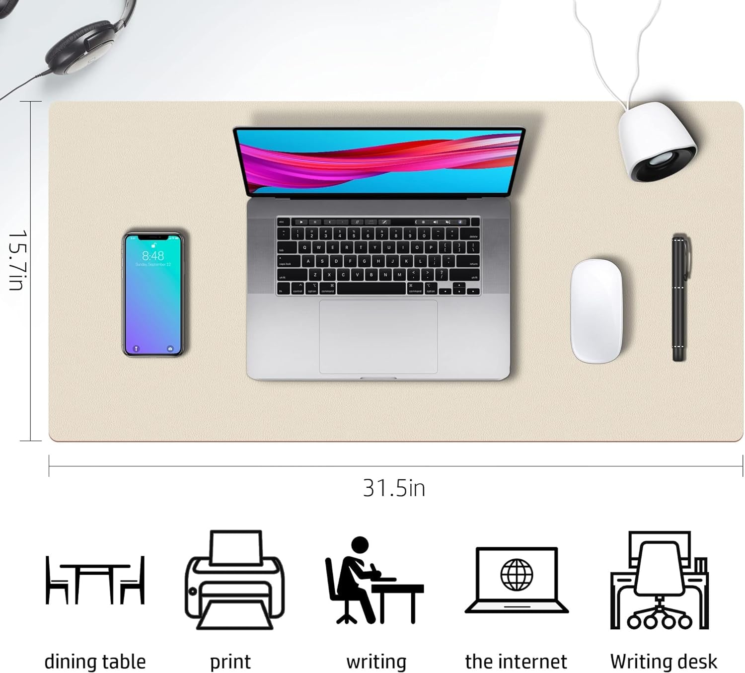 Double-Sided PU Leather Desk Pad - Stylish & Functional Non-Slip Mouse Pad & Desk Mat for Home or Office - Waterproof, Easy to Clean, Durable (31.5" X 15.7", Beige)