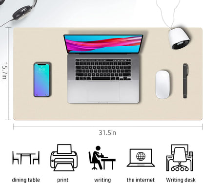 Double-Sided PU Leather Desk Pad - Stylish & Functional Non-Slip Mouse Pad & Desk Mat for Home or Office - Waterproof, Easy to Clean, Durable (31.5" X 15.7", Beige)