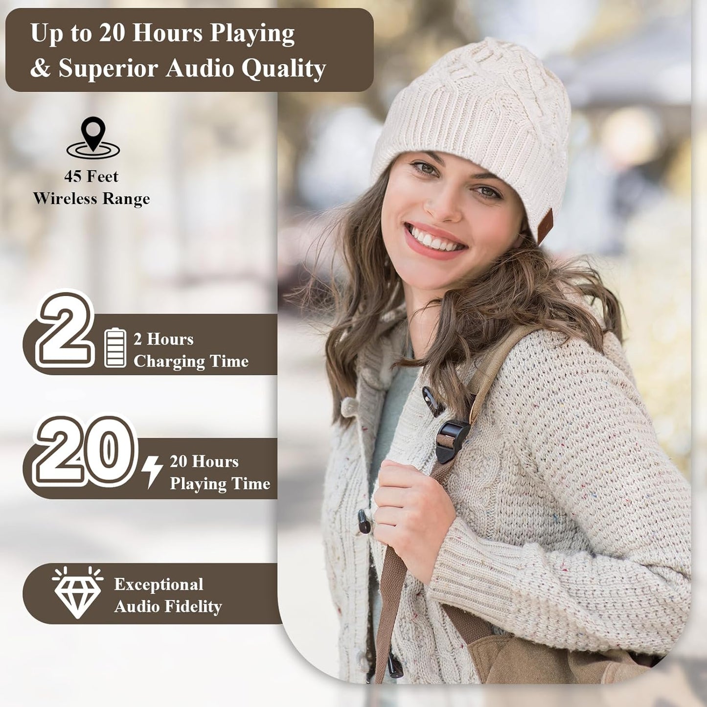 Bluetooth Beanie with Double-Layer Wool Lining - 20 Hours of Playtime, Ideal Gift for All Ages (Black)