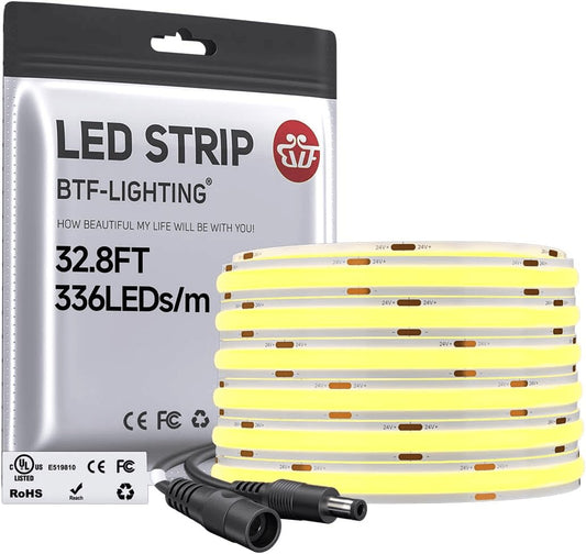 FCOB COB LED Strip Warm White 2700K, UL Listed 32.8FT DC24V Super Bright Uniform Light, CRI 90+ 8Mm Width Flexible Tape Light for Home Indoor DIY Lighting(No Adapter or Controller)