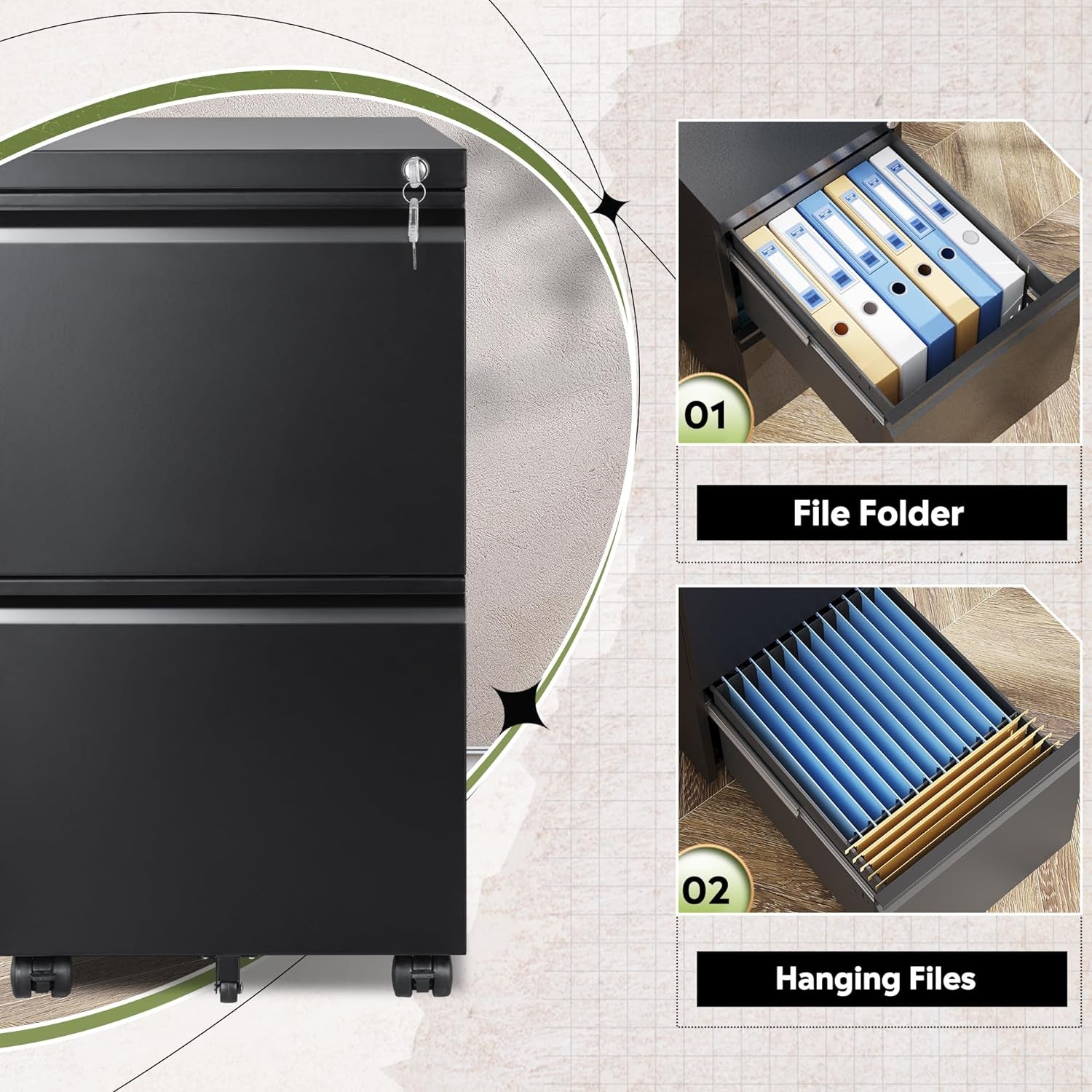 2 Drawer Metal File Cabinet, Fully Assembled, under Desk, Black, Lock, Fits Letter/Legal/A4 Size Files