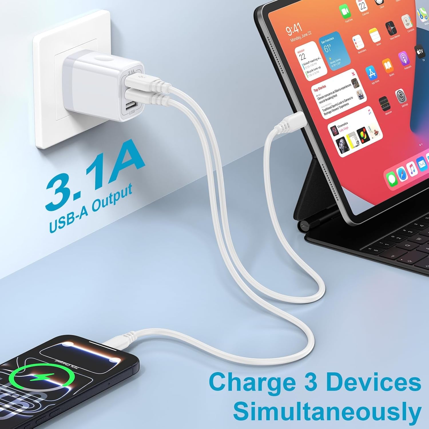 2-Pack 3-Port USB Wall Charger - Fast 3.1A Power Adapter for iPhone, iPad & Samsung Galaxy