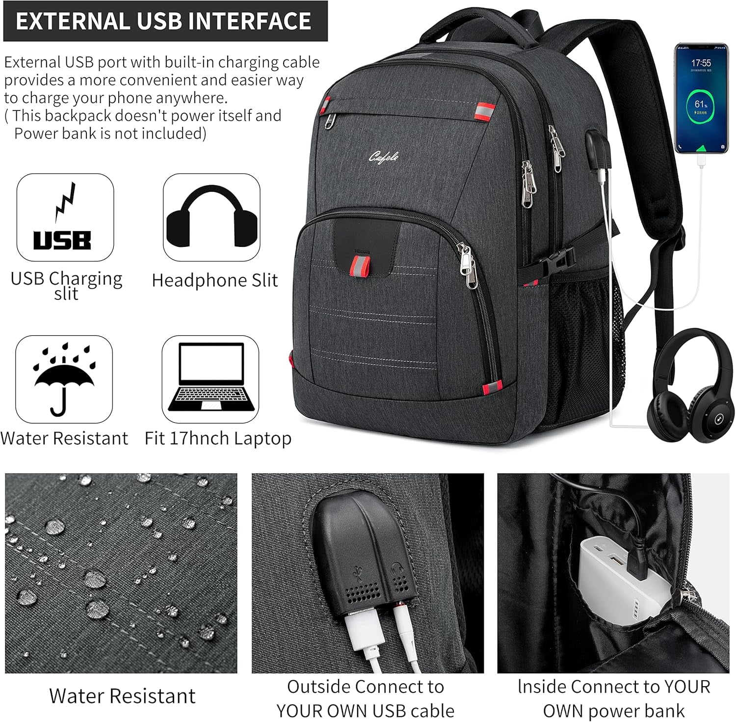 Waterproof 17" Laptop Backpack - Large Capacity Rucksack with USB Charging Port for School, Work & Travel - Stylish Grey Design for Men & Women