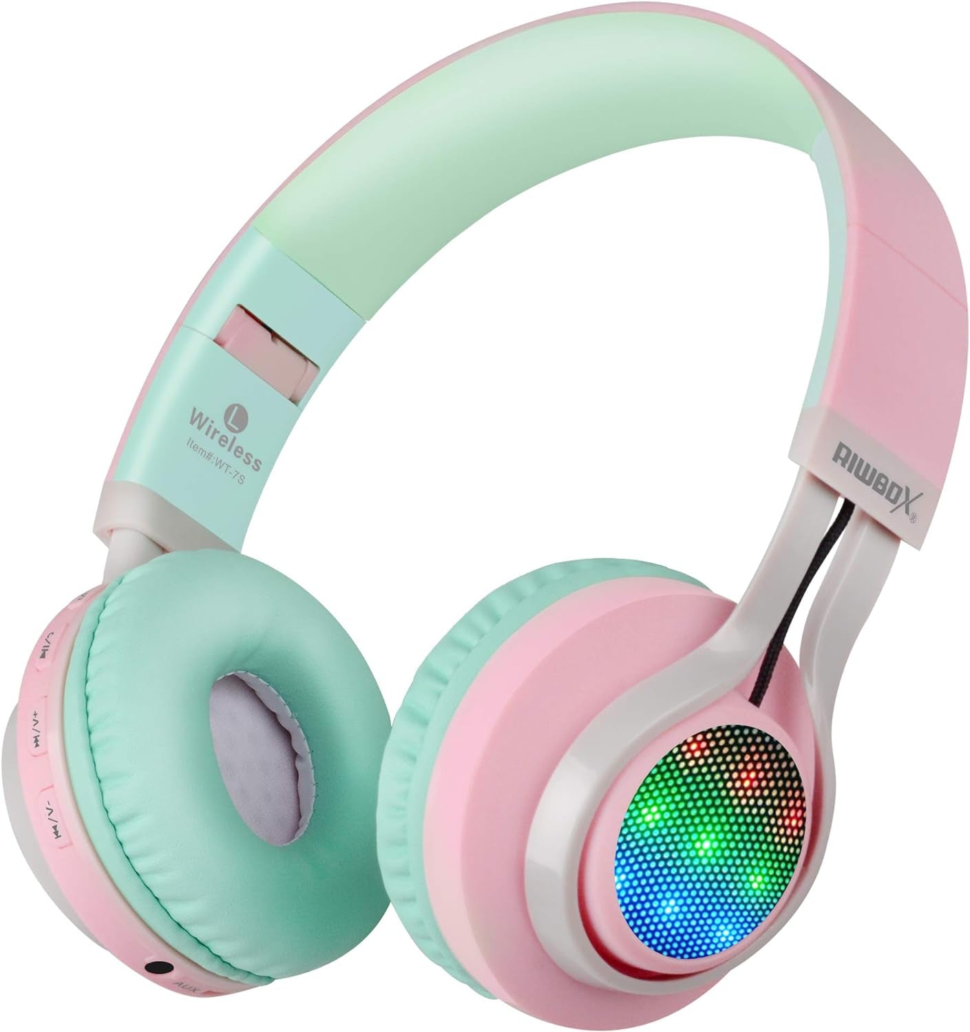 WT-7S Wireless Bluetooth Headphones with Microphone and Volume Control - Foldable Stereo Headset for PC, Tablet, TV, and Travel (Pink Green)