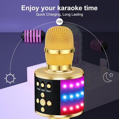 Bluetooth Karaoke Microphone with Disco Lights - Portable Singing Mic for Kids & Adults, Perfect for Parties and Travel (Gold)